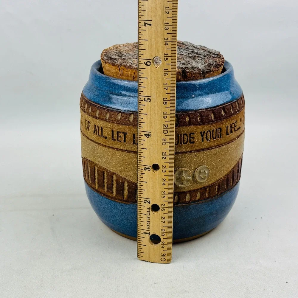 Down to Earth Pottery Jar Cork Lid Blue Let Love Guide Your Life Colossians 3:14